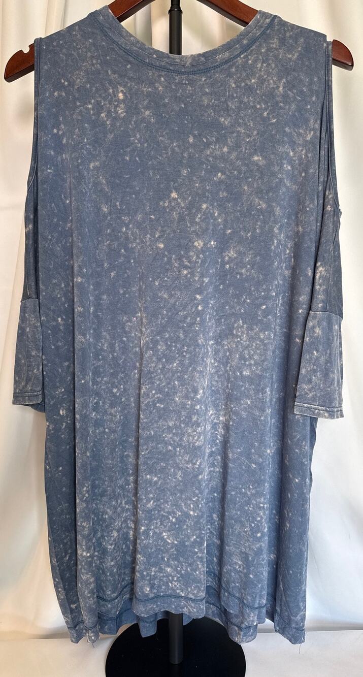 Blue Mineral Wash Boho Mini Dress Oversized Cold Shoulder Dolman Sleeve S